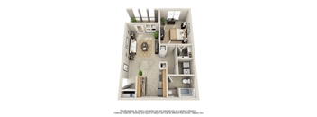 A 3D floor plan of a house with a kitchen, living room, and bathroom.