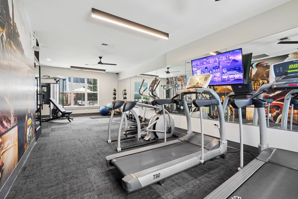 A gym with treadmills and exercise equipment.