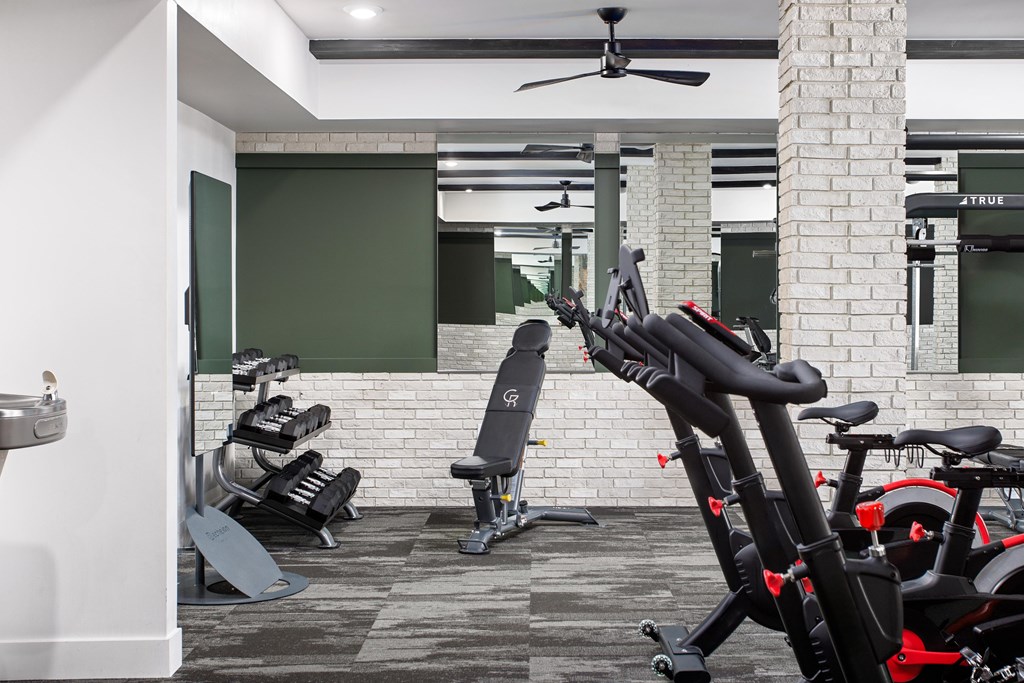 A gym with a variety of exercise equipment including a treadmill, stationary bike, and rowing machine.