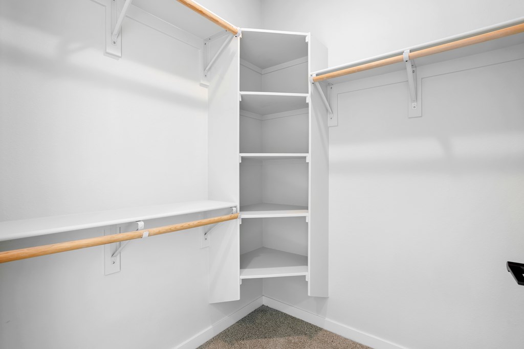 A white walk-in closet with shelves and a carpeted floor.