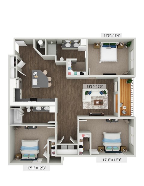 a 3d drawing of a floor plan with bedrooms and a living room