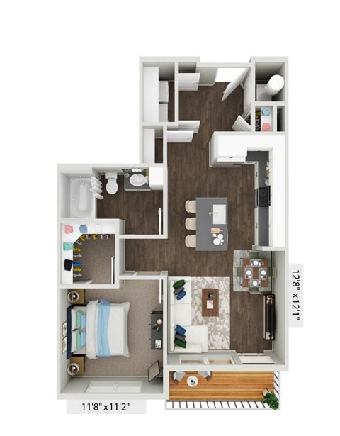 a stylized 3d floor plan with a bedroom and living room