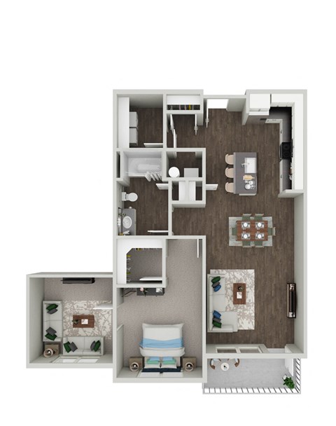 a stylized floor plan with a bedroom and living room