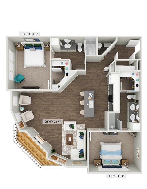 a stylized 3d floor plan with a bedroom and a living room