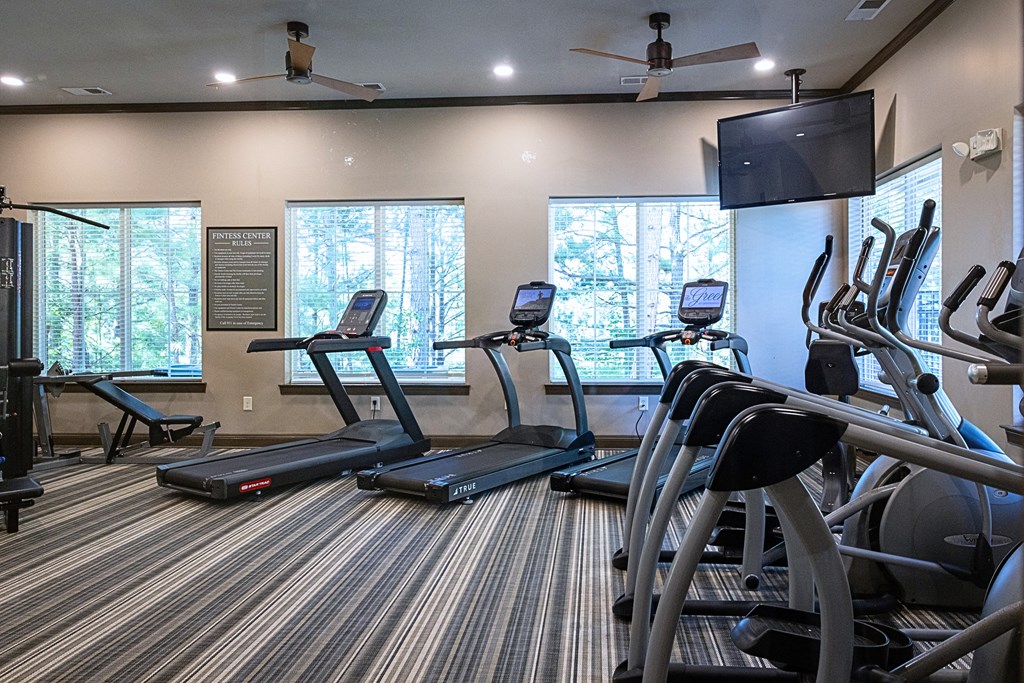 A gym with treadmills, elliptical machines, and a television.