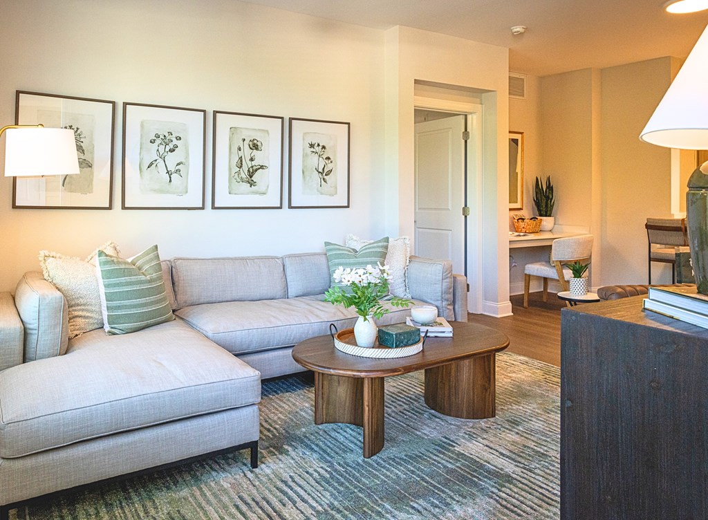 A living room with a grey couch, a wooden coffee table, and a lamp.