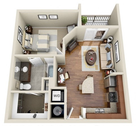 a floor plan of a one bedroom apartment with two bathrooms and a balcony