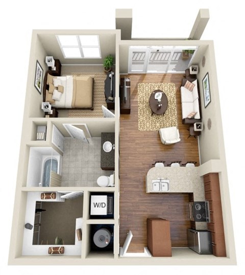 a floor plan of a one bedroom apartment with a bathroom and living room