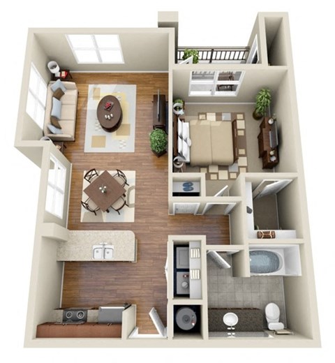 a floor plan of a one bedroom apartment with two bathrooms and a balcony
