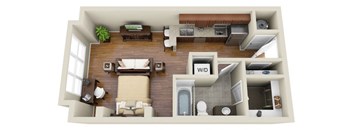 a floor plan of a one bedroom apartment with a bathroom and living room