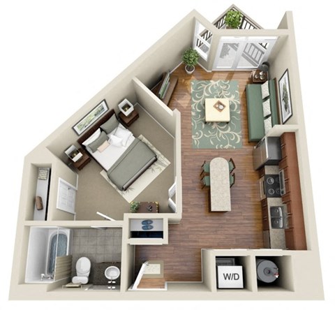 a floor plan of a one bedroom apartment with a bathroom and a balcony