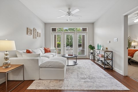 A living room with a white couch and a rug.