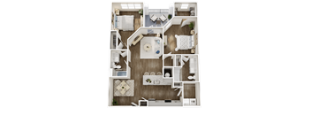 A detailed floor plan of a two-bedroom apartment with a living room, kitchen, and bathroom.