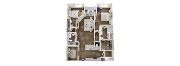A detailed floor plan of a two-bedroom apartment with a living room, kitchen, and bathroom.