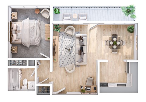 A top-down view of a small apartment with a bedroom, living room, kitchen, and bathroom.