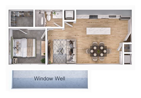 A top-down view of a well-organized apartment with a kitchen, living room, and bathroom.