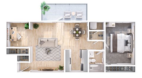 A top-down view of a small apartment layout with a kitchen, living room, and bedroom.