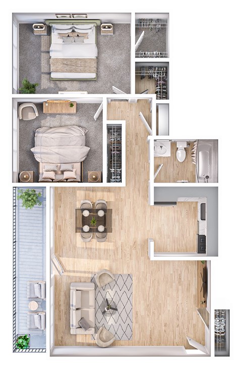 A top-down view of a small apartment layout with a bedroom, living room, and kitchen.