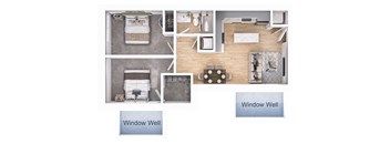 A well-organized room with a bed, desk, and window.