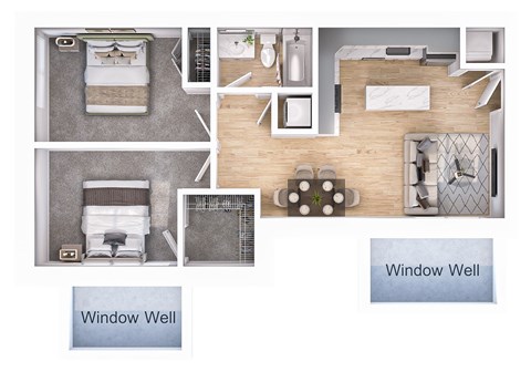 A well-organized room with a bed, desk, and window.