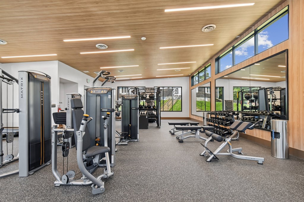 A gym with a variety of equipment including treadmills, weights, and exercise machines.