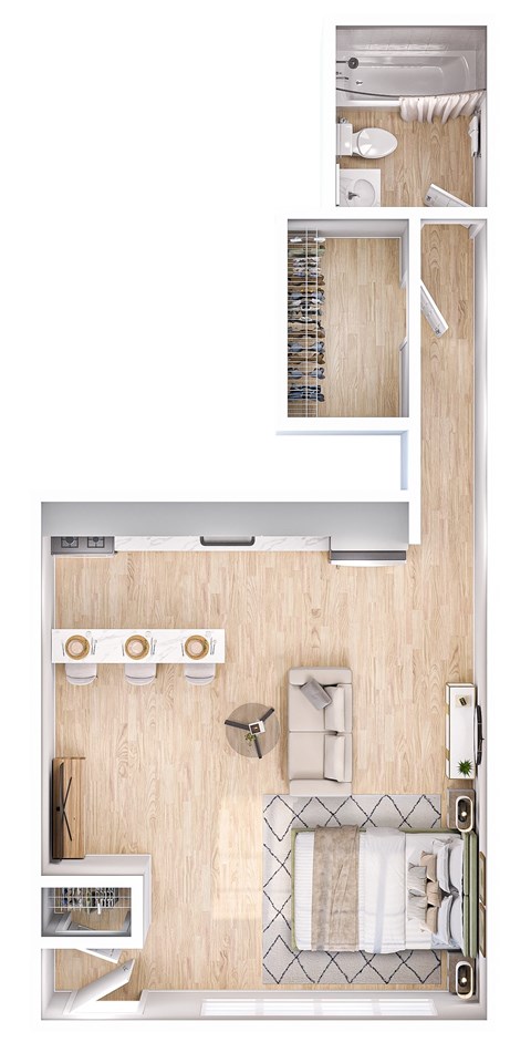 A top-down view of a small apartment with a kitchen, living room, and bathroom.