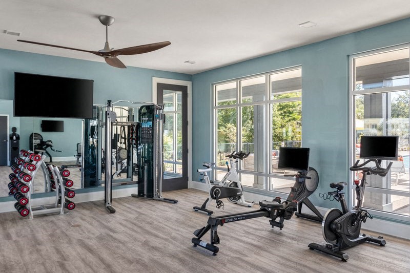 a home gym with cardio equipment and a large window