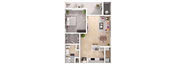a 3D floorplan of a one bedroom floorplan