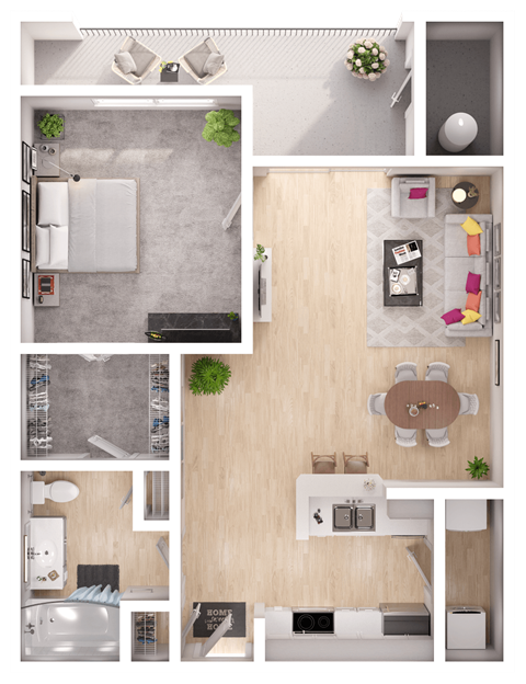a 3D floorplan of a one bedroom floorplan