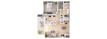 a 3D floorplan of a one bedroom floorplan