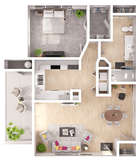 a 3D floorplan of a one bedroom floorplan