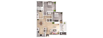a 3D floorplan of a two bedroom floorplan