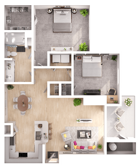 a 3D floorplan of a two bedroom floorplan