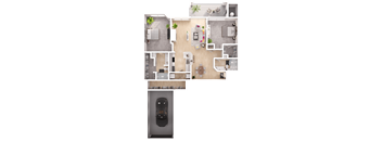 a 3D floorplan of a two bedroom floorplan
