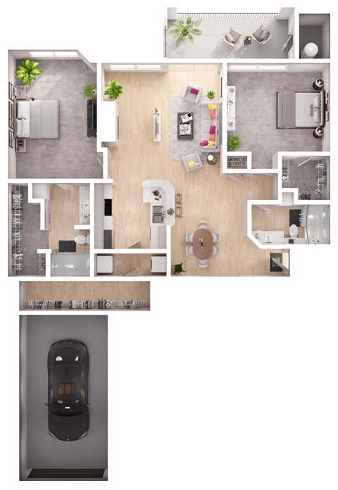 a 3D floorplan of a two bedroom floorplan