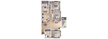 a 3D floorplan of a three bedroom floorplan