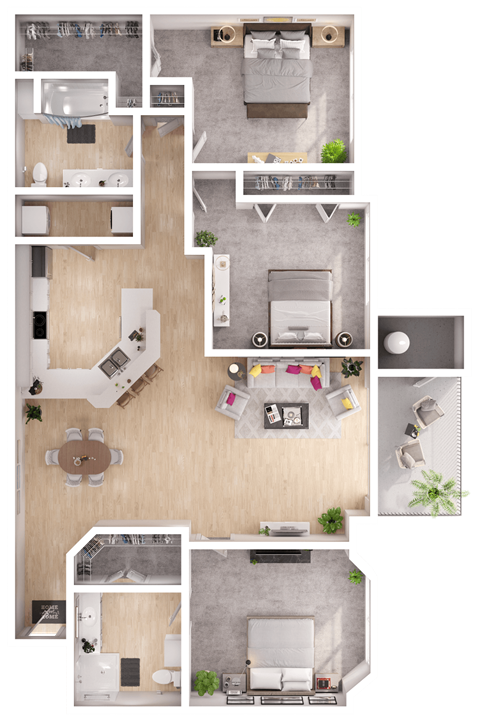 a 3D floorplan of a three bedroom floorplan
