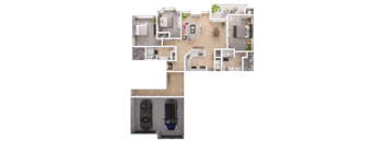 a 3D floorplan of a three bedroom floorplan