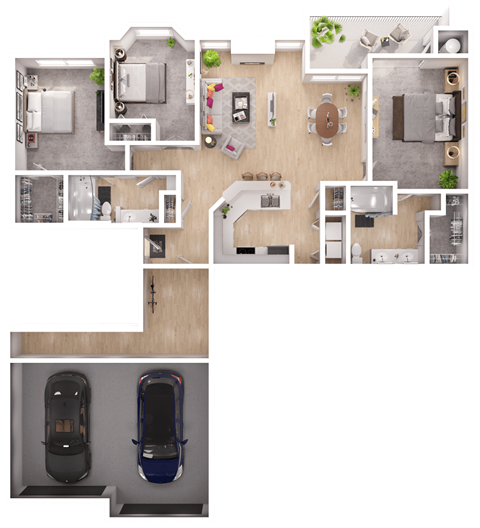 a 3D floorplan of a three bedroom floorplan
