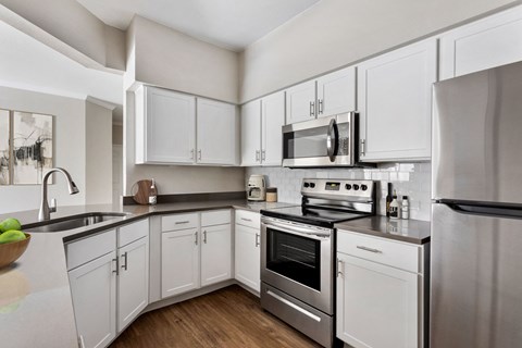 the preserve at ballantyne commons apartment kitchen with stainless steel appliances