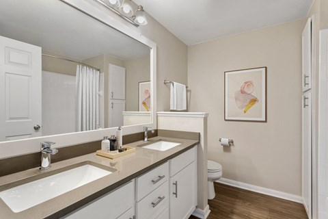 a bathroom with two sinks and a mirror and a toilet