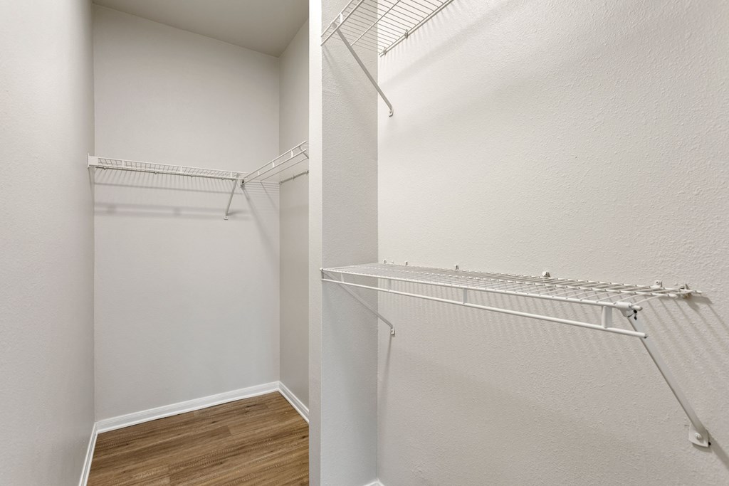 a spacious closet with white walls and wood flooring and a white walled closet