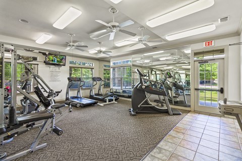A gym with a variety of equipment including treadmills, stationary bikes, and weight machines.
