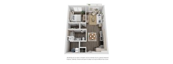A 3D floor plan of a small apartment with a kitchen, living room, and bedroom.