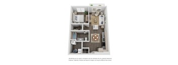 A floor plan of a small apartment with a kitchen, living room, and bedroom.