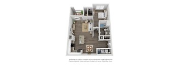 A floor plan of a house with a living room, kitchen, dining room, and bathroom.