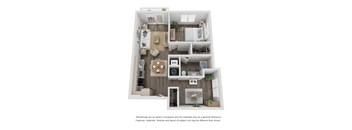 A top-down view of a small apartment with a kitchen, living room, and bedroom.