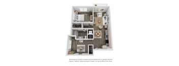 A 3D rendering of a modern, minimalist apartment layout.