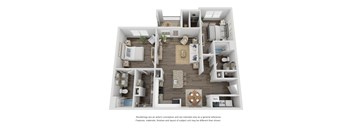 A 3D floor plan of a house with a living room, kitchen, dining room, and bedrooms.