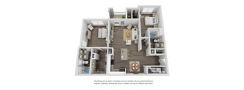 A 3D floor plan of a house with a kitchen, living room, and bedrooms.